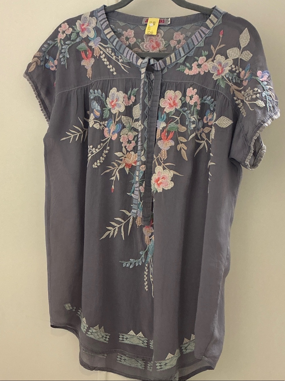 Johnny Was Slate Gray Embroidered Floral Tie-Neck Tunic
